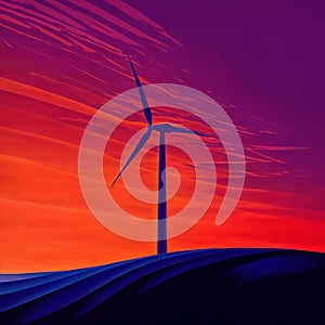 Windmill on hill at sunset with purple and orange sky., generative ai