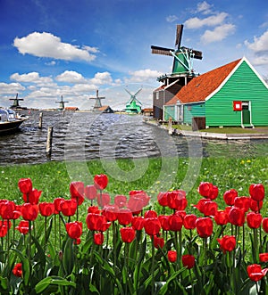 Windmill in Holland with canal