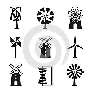 Windmill icons. Vector wind turbine and mill black signs isolated on white background.