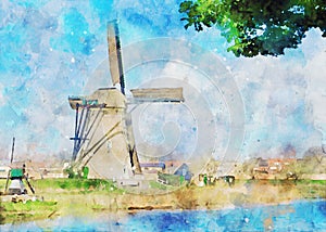 Windmill at kinderdjik watercolor painting on craft paper photo