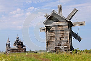 Windmill and Kizhi Pogost in Karelia, Russia