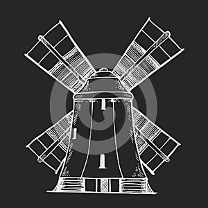 Windmill logo - vector illustration. Bakery emblem design on white background, chalk drawing on blackboard,