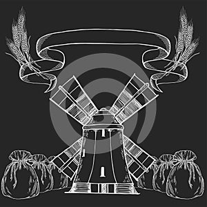 Windmill logo - vector illustration. Bakery emblem design on white background, chalk drawing on blackboard,