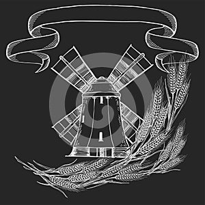 Windmill logo - vector illustration. Bakery emblem design on white background, chalk drawing on blackboard,