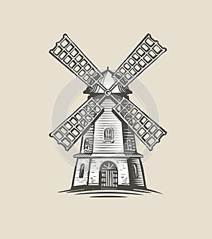 Windmill, mill logo or label. Farm, agriculture symbol. Sketch vector illustration