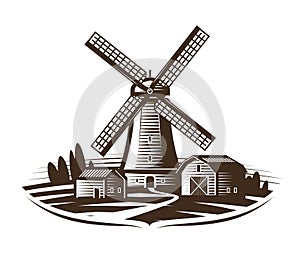 Windmill, mill logo or label. Farm, rural landscape, agriculture, bakery, bread icon. Vintage vector illustration