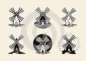 Windmill, mill logo or label. Flour, bakery icons set. Vector illustration