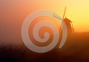 Windmill in the mist. A yellow windmill rises from a misty field