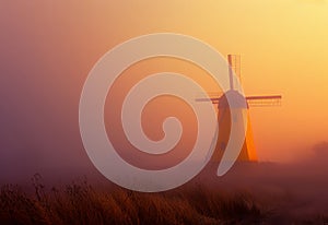 Windmill in the mist. A yellow windmill rises from a misty field