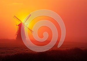 Windmill in the mist. A yellow windmill rises from a misty field