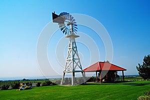 Windmill overlooking a vineyard