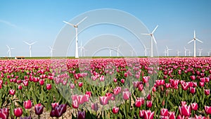 Windmill park turbines, red tulip flower field in the Netherlands, wind mill with flowers green energy