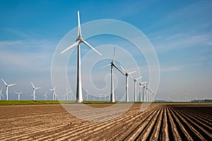 Windmill park westermeerdijk Netherlands, wind mill turbine with blue sky in ocean, green energy