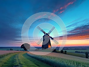 The Windmill and the Peaceful Countryside Stretches Under the Twilight Sky