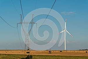 Windmill and powerline on the field