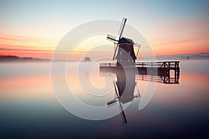 windmill reflecting in calm water at dawn