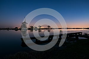 Windmill at the river Rotte, Holland at blue hour