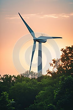 Windmill in a rural area forest during sunset. AI Generated