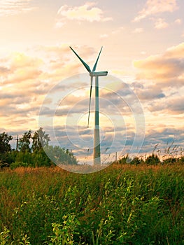 Windmill on rural field in the sunset. Wind turbines farm