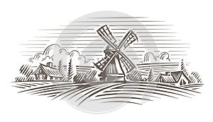 Windmill in a rural landscape illustration. Vector, layered.