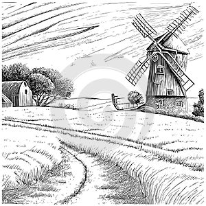 Windmill in a rural landscape. Wheat field sketch vintage