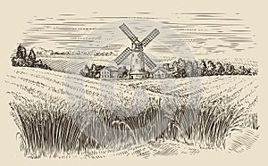 Windmill in a rural landscape. Wheat field sketch vintage vector illustration