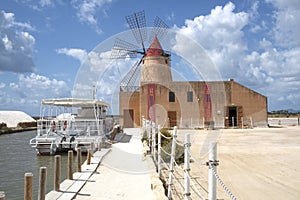 Windmill in the salt mines at Tripoli, Sicily, Italy