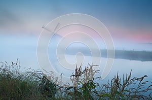 Windmill silhouette in dense sunrise fog