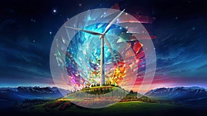 Windmill in the sky with colorful lights, amazing splashscreen artwork, generative ai