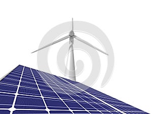 Windmill and solar panel isolated on white
