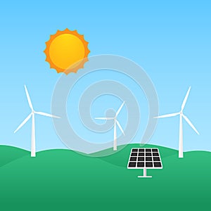 Windmill and solar panel, renewable energy concept