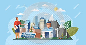 Windmill and solar panel. Solar panels energy charging. Smart eco city. Green energy