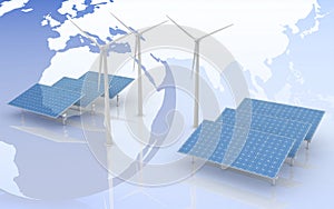 Windmill and Solar Panels on world map background
