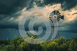 A windmill stands tall in the middle of a vast field, set against a cloudy sky, An old windmill standing boldly against gusty