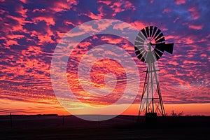 A windmill stands tall in the middle of a vast open field under the clear blue sky, A windmill during a vibrant sunrise, AI