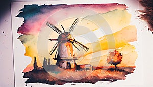 Windmill at sunset watercolour painting