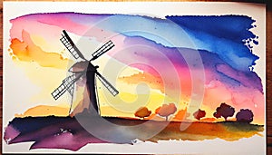 Windmill at sunset watercolour painting