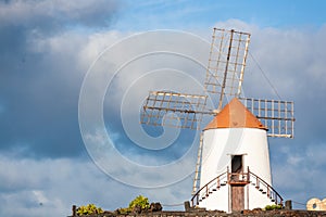 Windmill in tropical cactus garden in Guatiza village, popular attraction in Lanzarote