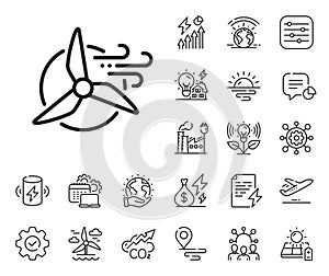 Windmill turbine line icon. Wind power energy sign. Energy, Co2 exhaust and solar panel. Vector