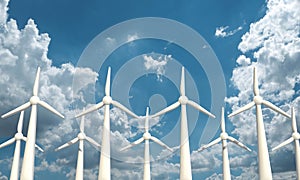 Windmill turbine panel alternative electricity energy power solar cell generator blue sky clean background copy space clean e