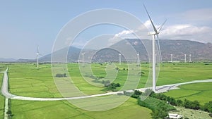 Windmill turbine on wind energy station drone view. Alternative natural source, ecology conservation. Wind farm aerial