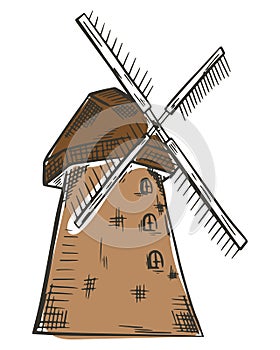 Windmill, vector. Old wooden traditional grain mill. Color sketch, agriculture.