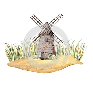 Windmill vintage watercolor illustration isolated on white background. Rural making bread mill hand drawn. Painted