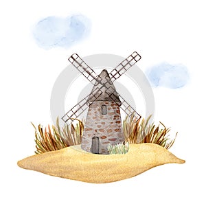 Windmill vintage watercolor illustration isolated on white background. Rural making bread mill hand drawn. Painted