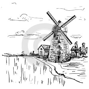 Windmill on wheat field. Vintage vector hatching illustration