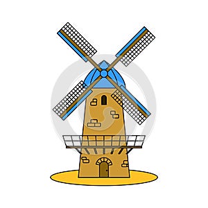 Windmill on a white isolated background. Vector illustration of flat line style