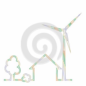 Windmill, wind power plant, house and tree, neon line, eps.