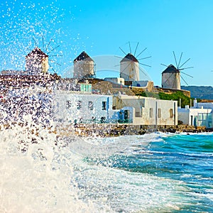 Windmillls of Mykonos on the coast of Aegean Sea