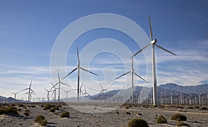 Windmills against blue skies, Palm Springs, California