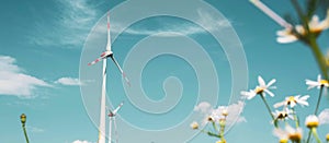 Windmills against the blue sky. Poppy and chamomile fields of Europe. The concept of eco-friendly electricity